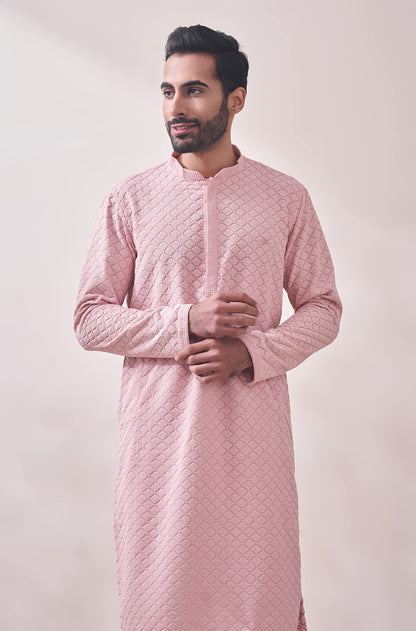 Manyavar Pink Blended Cotton Full Sleeve Kurta Set | Traditional Kurta Set For Men (XL)