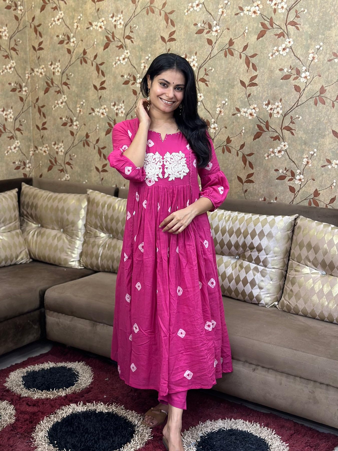 GoSriKi Women's Anarkali Kurta with Pants, Rayon Blend, Size 50, Pink, Model ANVESHI-CLRS-GS