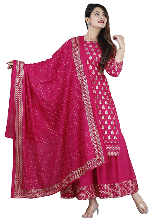 ANNI DESIGNER Women's Rayon Foil Printed Straight Kurta with Palazzos & Dupatta (AMISHA RED_Pink)
