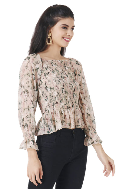 POPWINGS Casual Floral Print Chiffon Tops for Women || Full Sleeves Summer Tops for Women || Square Neck Smocking Pattern Tops f