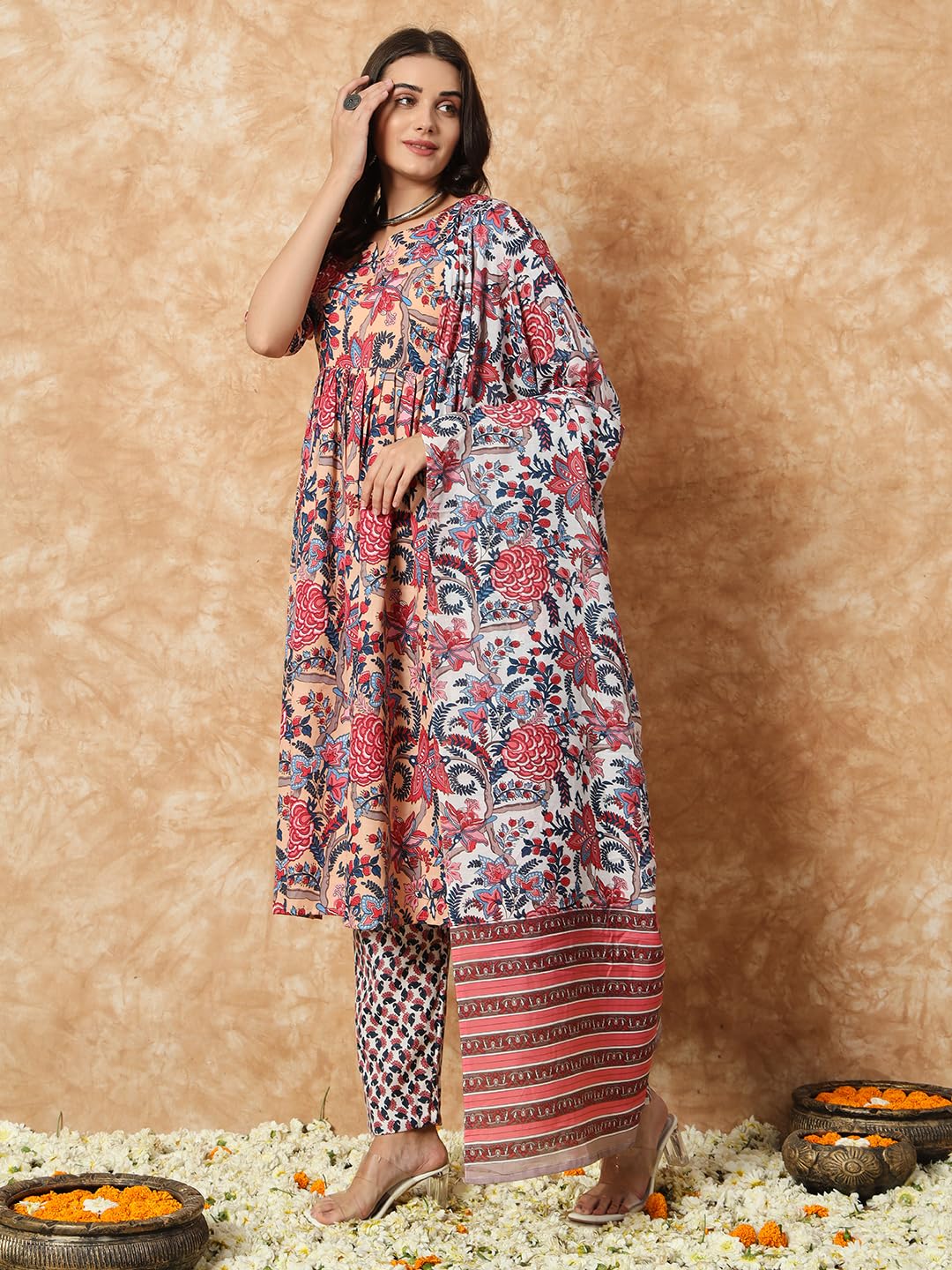 Fashion Basket Women's Cotton Printed Anarkali Kurta Beige