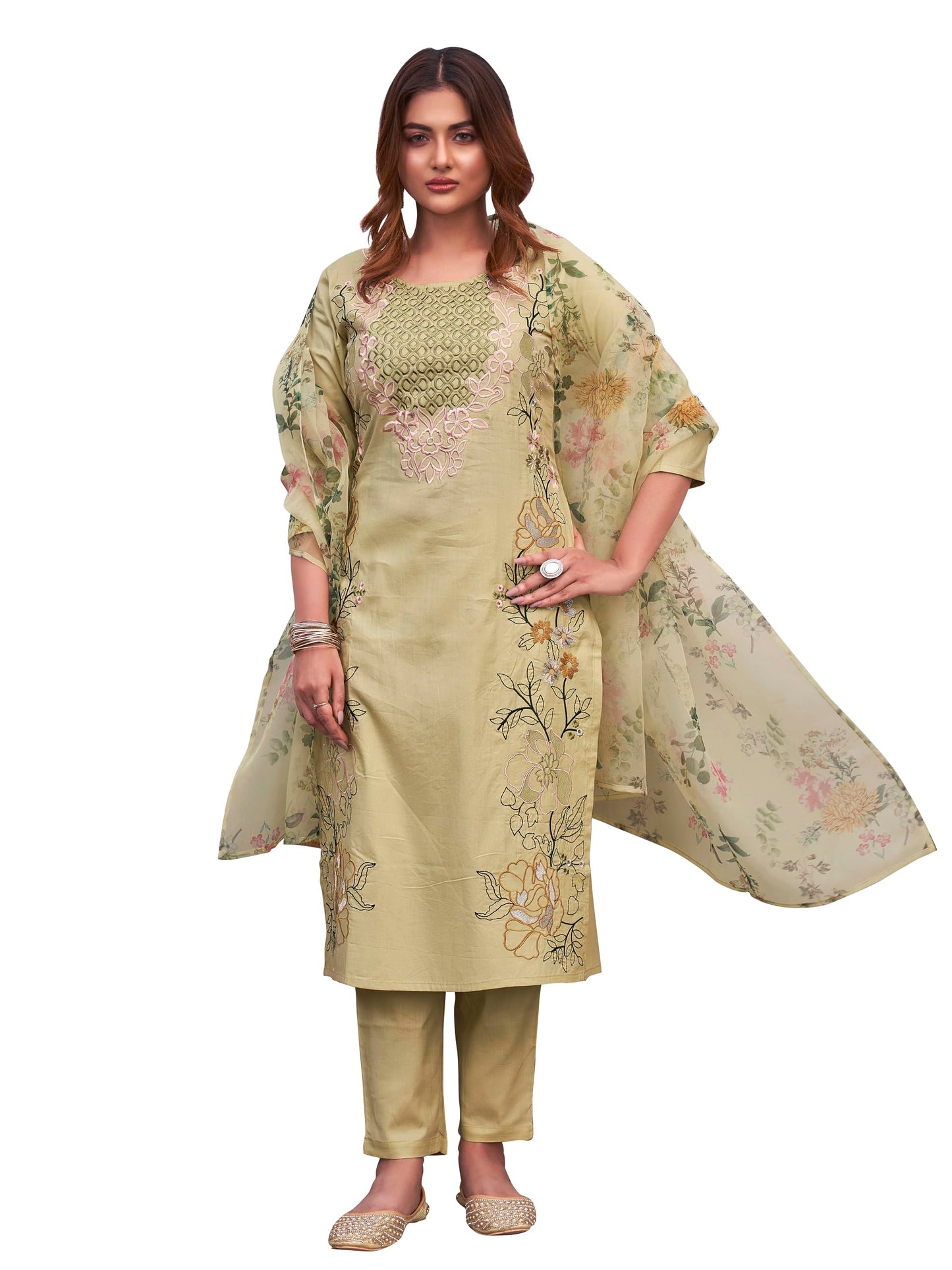 Womanista Women's Cotton Blend Solid Straight Embroidered Kurta Set