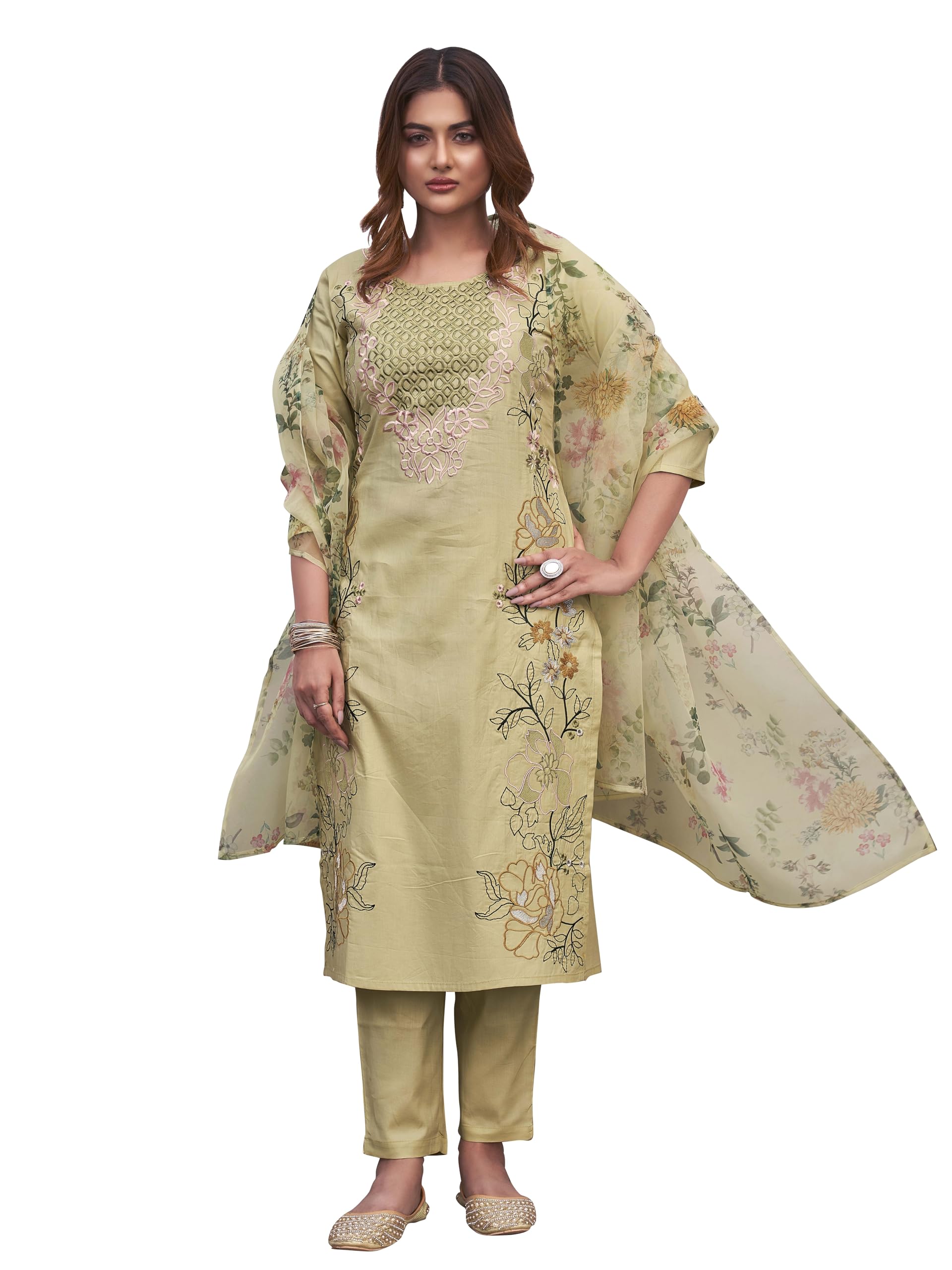 Womanista Women's Cotton Blend Solid Straight Embroidered Kurta Set