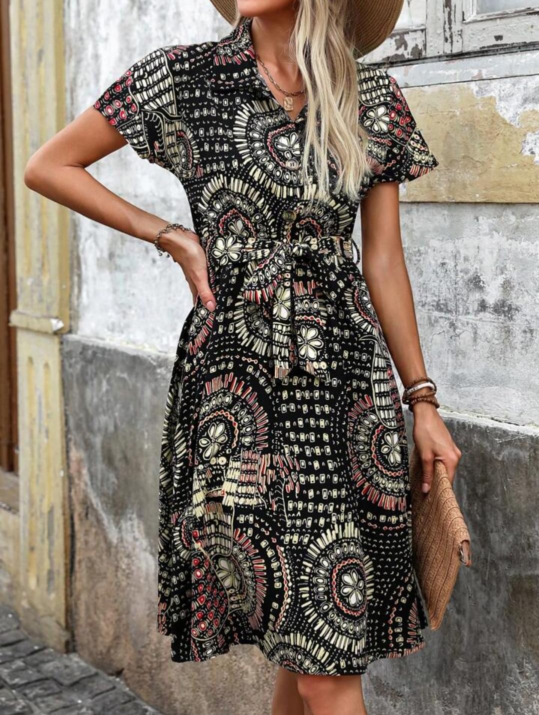 Gufrina WomenS Rayon Midi Dress With Half Sleeves Geometric Printed Spread Collar Neck Knee Length Regular Fit And Flare Black