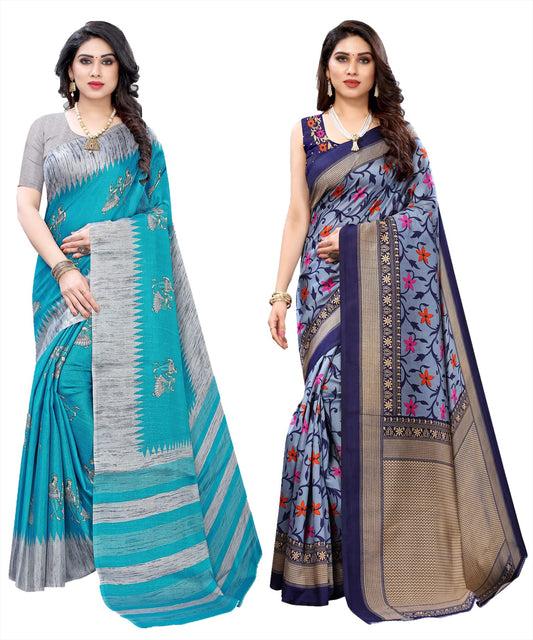 Yashika Womens Combo Art Silk Printed Saree With Blouse Piece Pack Of 2(NAURTA BLUE-SWATI NAVY)