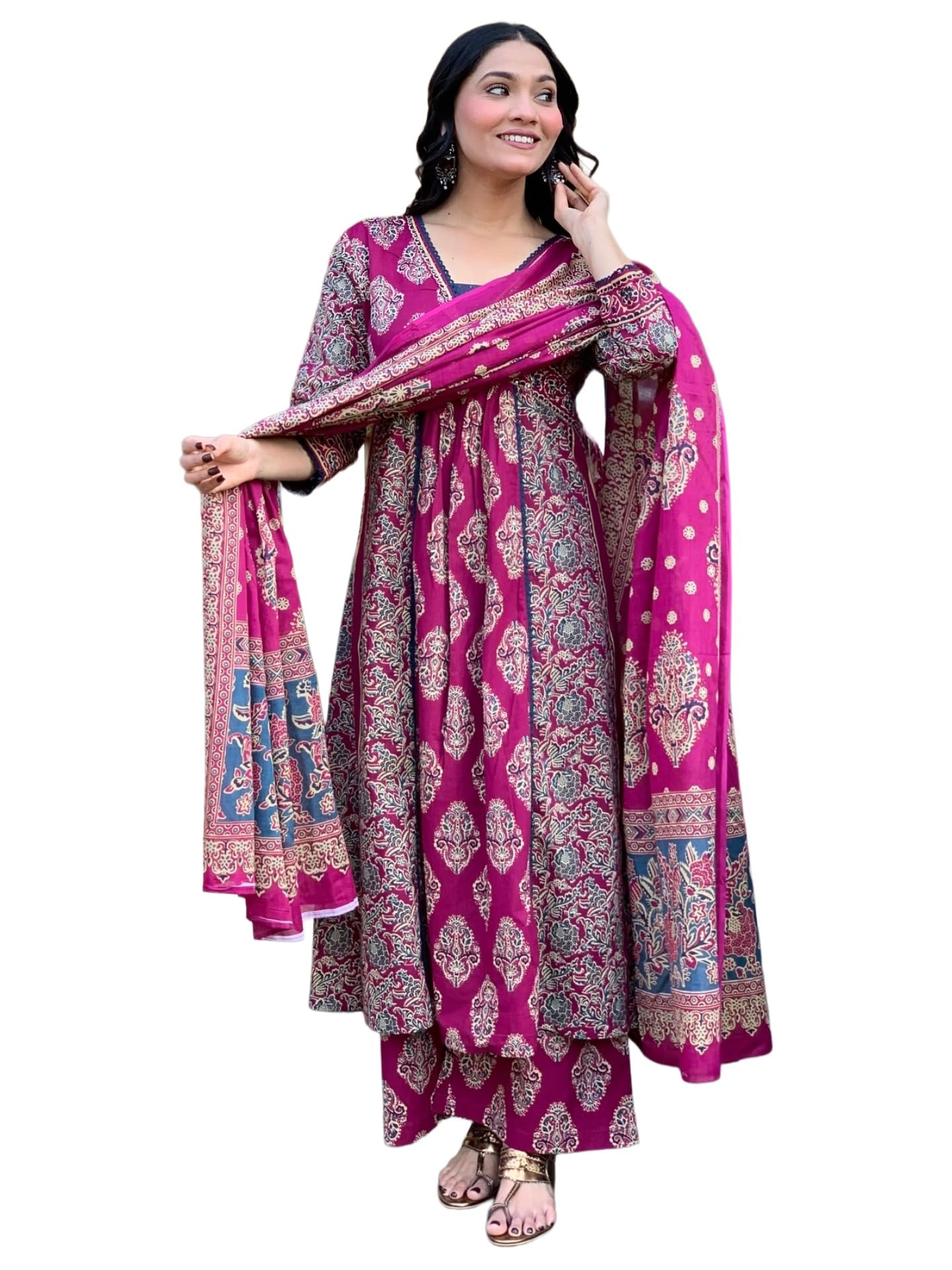 ANNI DESIGNER Womens Rayon Viscose Printed Anarkali Kurta with Palazzo and Dupatta (ESMA Rani_S_Rani_Small)