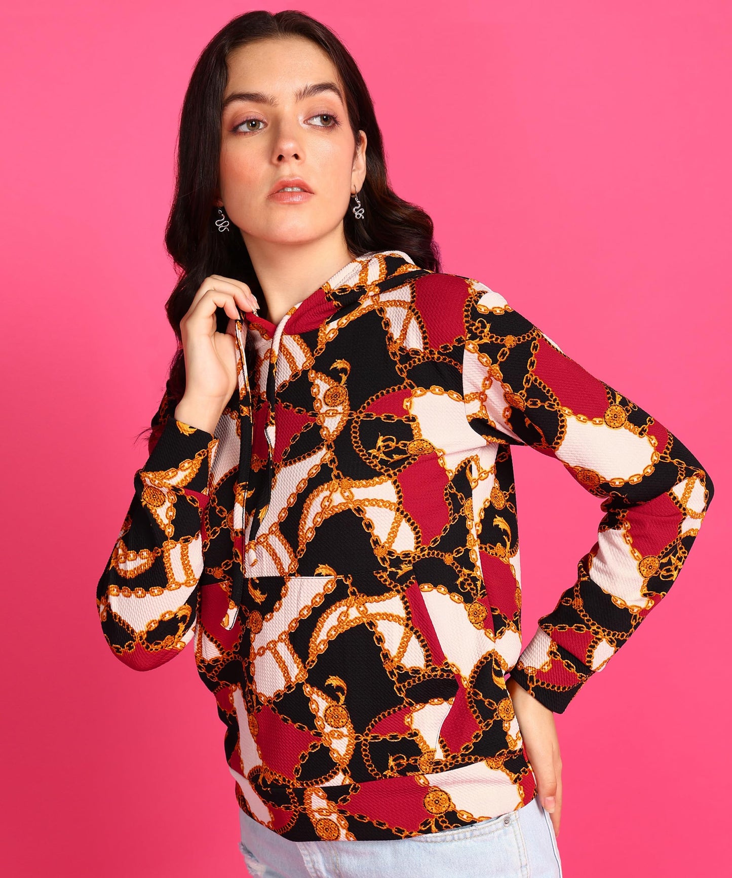 POPWINGS Women Casual Multicolor Chain Print Hooded Pocket Sweatshirt | Winter Wear | Trendy Printed Sweatshirts
