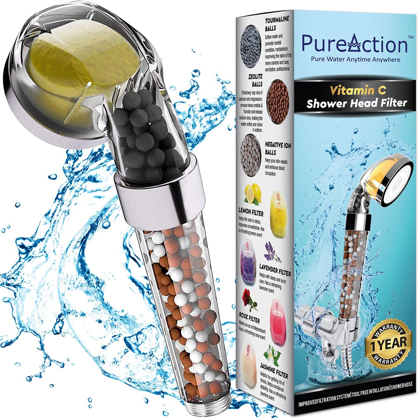 PureAction Vitamin C Shower Head with Hose & Replacement Filters - Hard Water Softener - Chlorine & Fluoride Filter - Water Puri