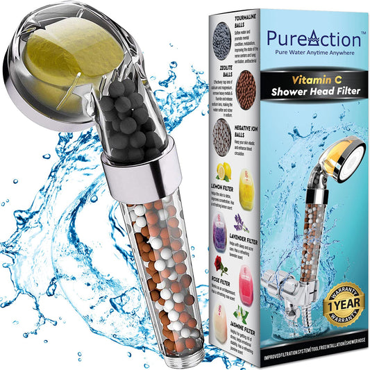 PureAction Vitamin C Shower Head with Hose & Replacement Filters - Hard Water Softener - Chlorine & Fluoride Filter - Water Puri