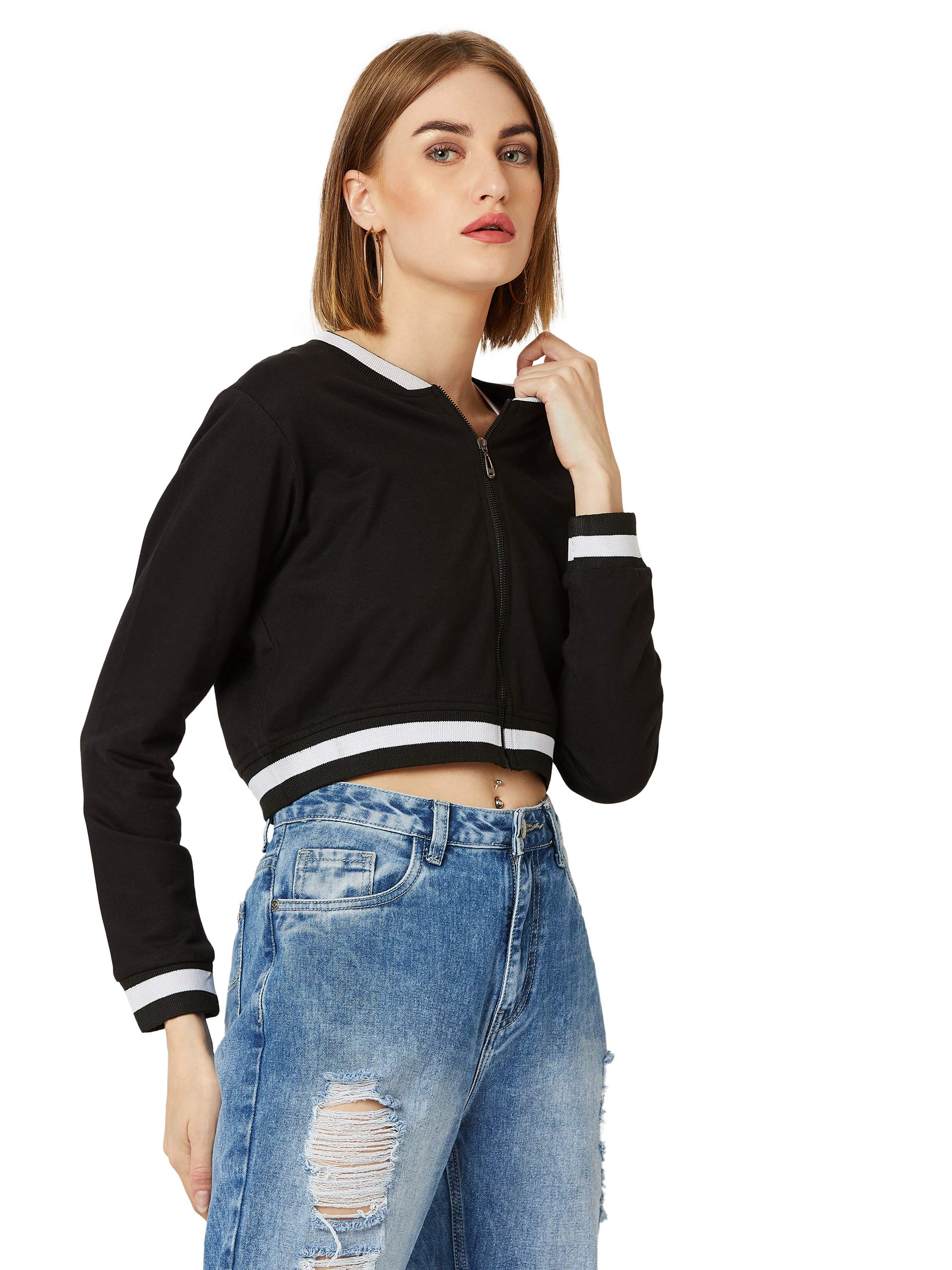 Miss Chase WomenS Black V-Neck Full Sleeves Loop Knit Ribbed Solid Bomber Cropped Jacket (Mcaw19Jkt02-99-62-06, Black, X-Large)
