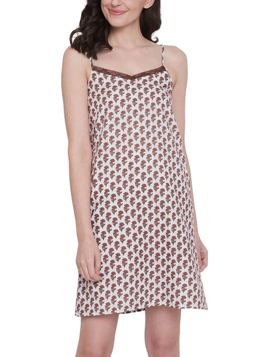 Clovia Womens Cotton Floral Knee Length Nighty (NS1336P06M_Brown_M)
