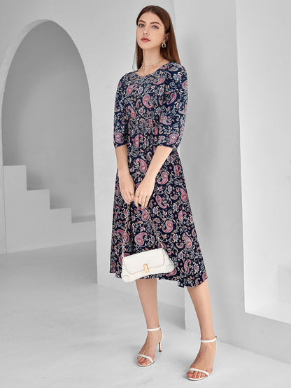 Toochki WomenS Navy Blue Rayon Paisley Print Fit & Flared Western Dress | Dress For Women | A Line Dress | Winter Dress | Weste