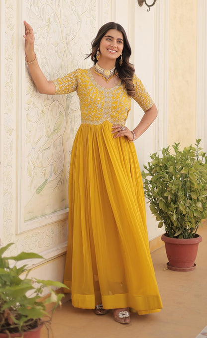 Fashion Basket Georgette Embroidered Anarkali Gown for Women Yellow