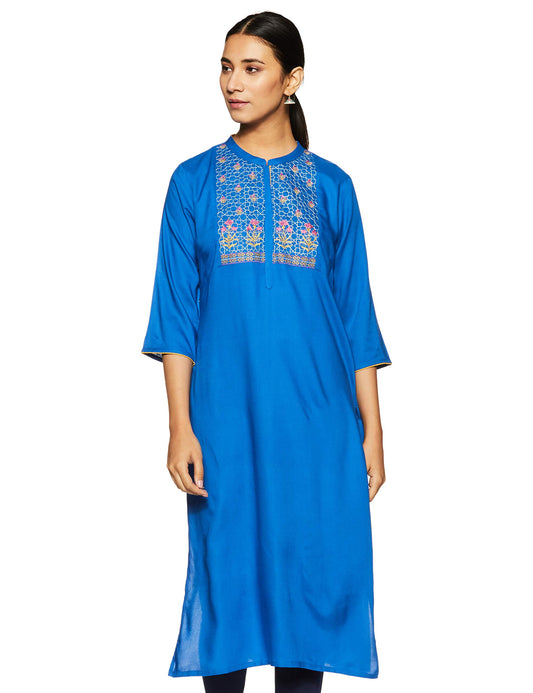Aurelia Womens Band Neck Embroidered Kurta