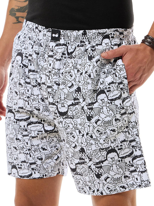 Bewakoof Mens All Over Cartoon Printed Poplin 100% Cotton Regular Fit Boxers 570834_XL White