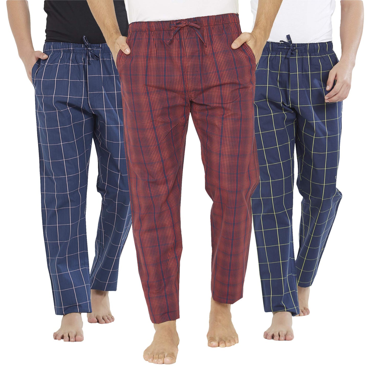 XYXX Mens Super Combed Cotton Checkered Checkmate Pyjamas [Pack of 3] Elasticated Waist, Drawstring | Loungewear for Men in Red