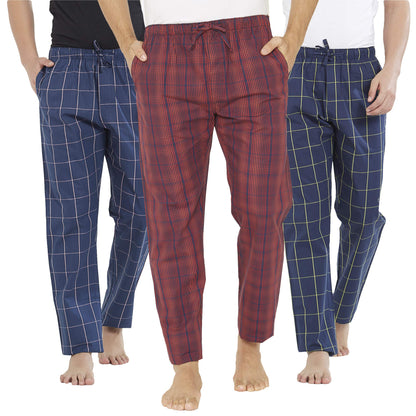XYXX Mens Super Combed Cotton Checkered Checkmate Pyjamas [Pack of 3] Elasticated Waist, Drawstring | Loungewear for Men in Red