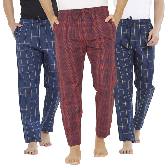 XYXX Mens Super Combed Cotton Checkered Checkmate Pyjamas [Pack of 3] Elasticated Waist, Drawstring | Loungewear for Men in Red
