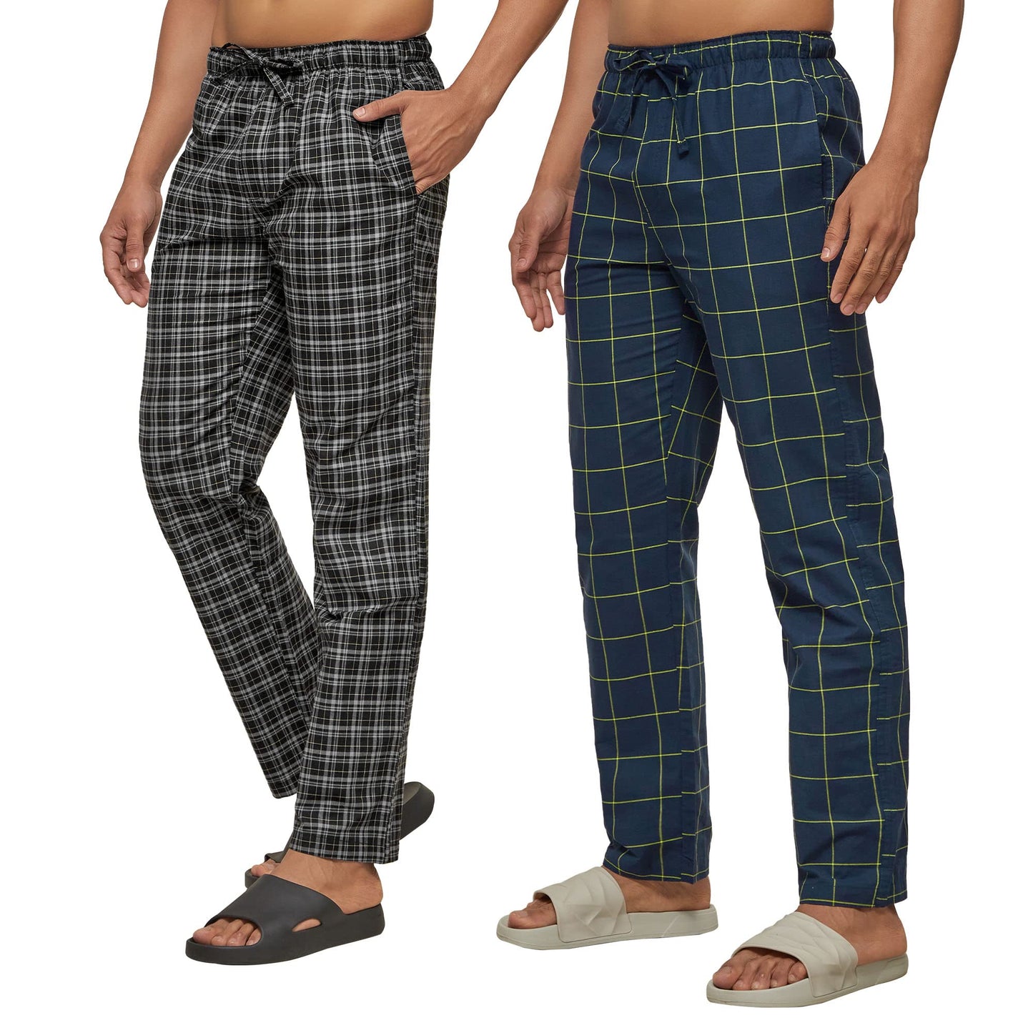 XYXX Mens Super Combed Cotton Checkered Checkmate Pyjamas [Pack of 2] Elasticated Waist, Drawstring | Loungewear for Men in Bla