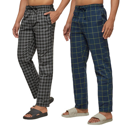 XYXX Mens Super Combed Cotton Checkered Checkmate Pyjamas [Pack of 2] Elasticated Waist, Drawstring | Loungewear for Men in Bla