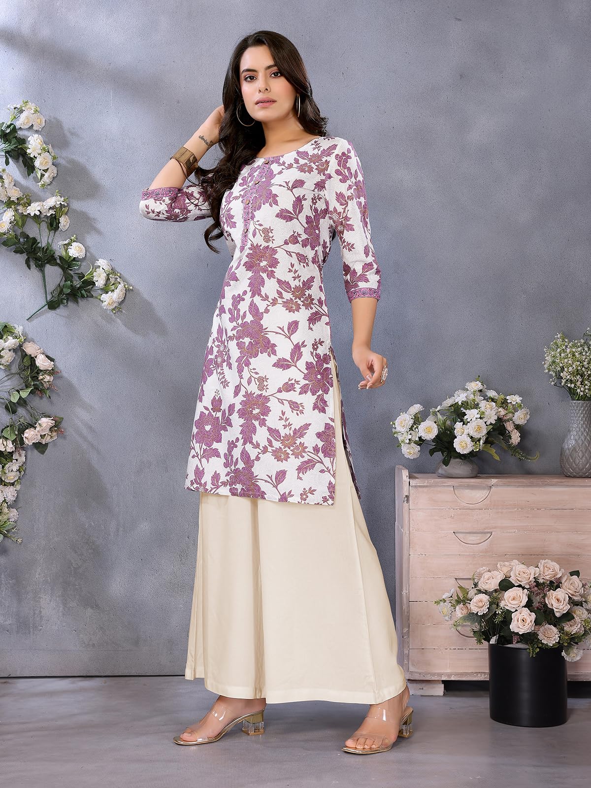 rangita Mauve Rayon Straight Printed Knee Length Kurti | Kurta for Women