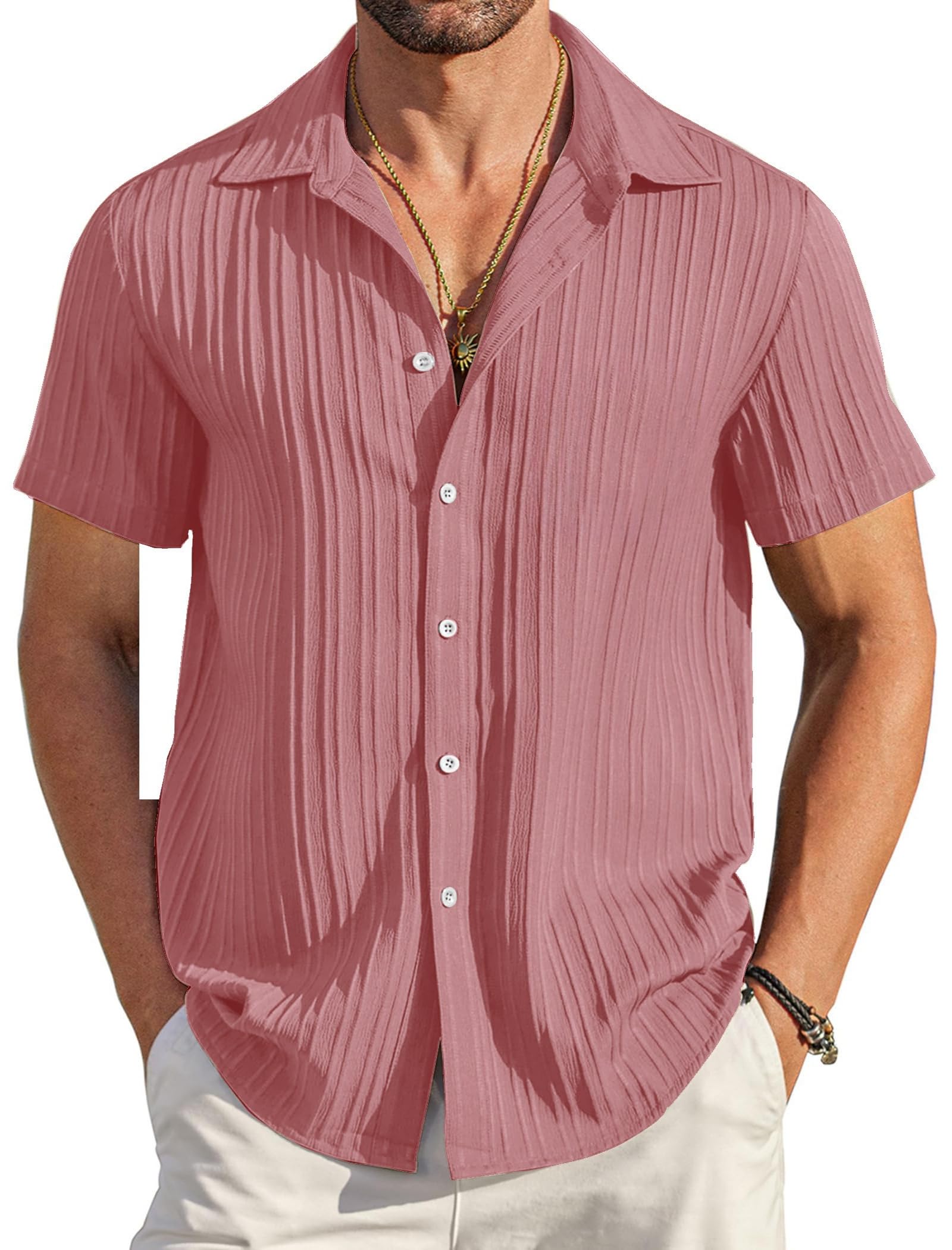 Mildin MenS Cotton Blend Shirt With Self Design Textured Stripes Spread Collar Neck Half Sleeve Western Hip Length | Dusty Pink