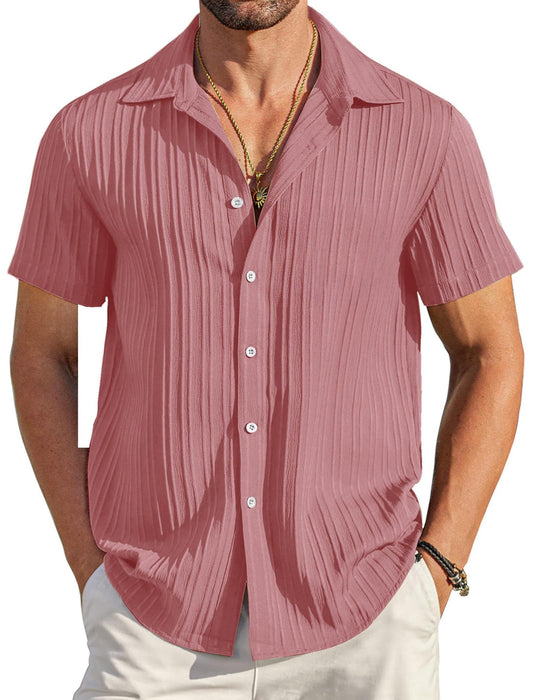 Mildin MenS Cotton Blend Shirt With Self Design Textured Stripes Spread Collar Neck Half Sleeve Western Hip Length | Dusty Pink