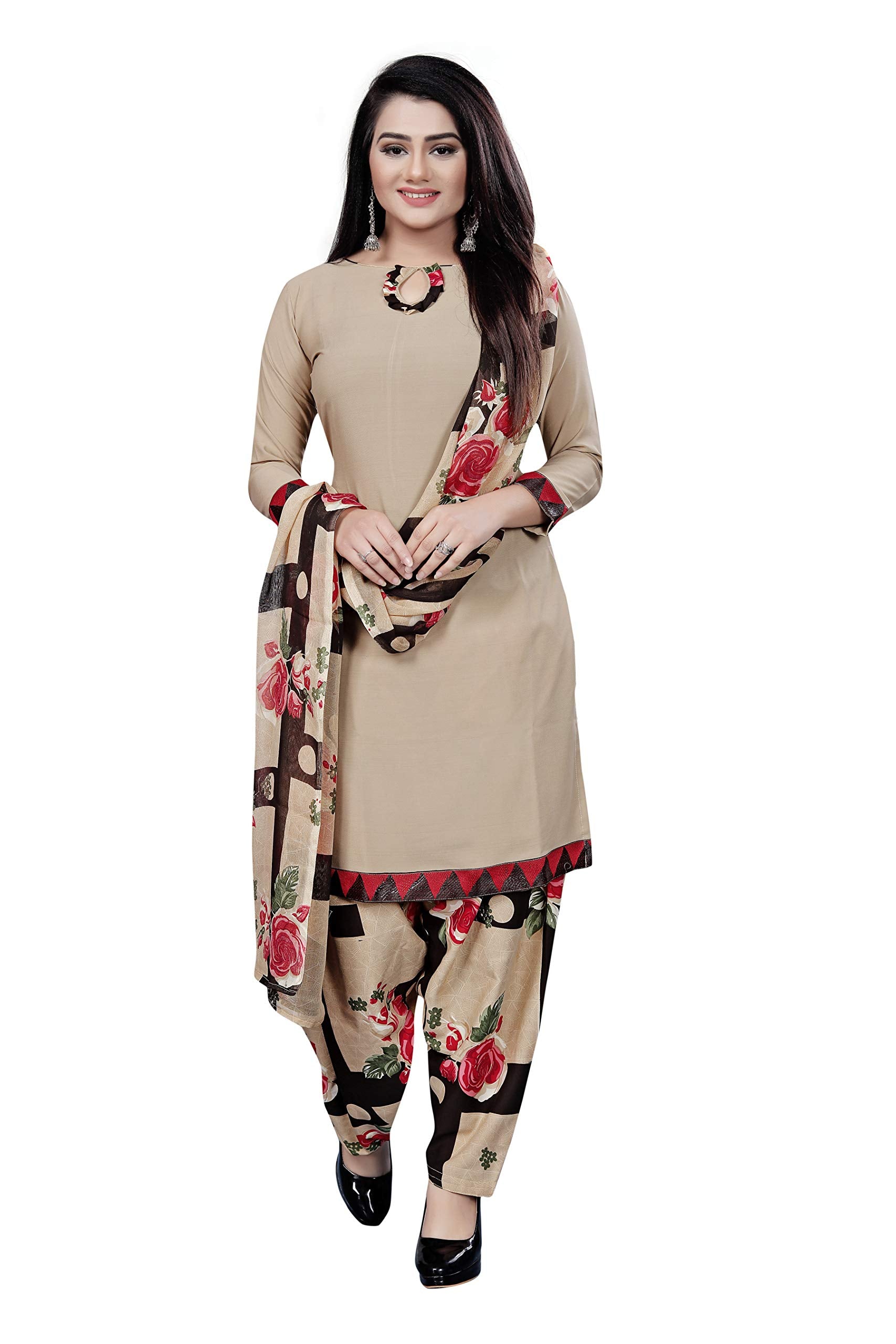 ANNI DESIGNER Womens Beige Color Leon Crepe Floral Printed Unstitched Dress Material (POOJA MASTI 150_Beige_Free Size)