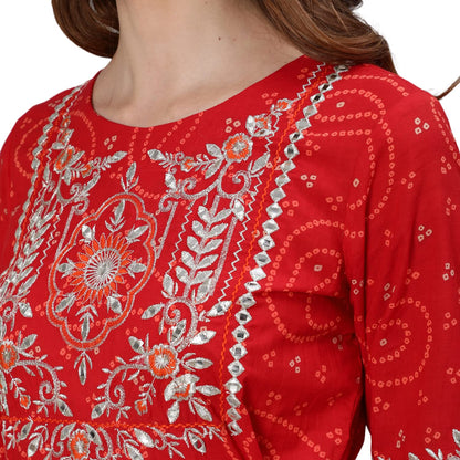 ishin Women's Cotton Red Yoke Design Embroidered Anarkali Tiered Kurta