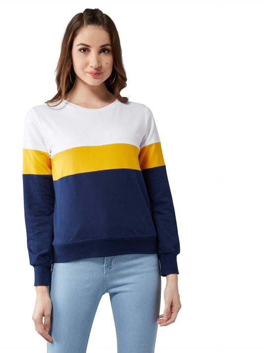 Dolce Crudo WomenS Multicolored 100% Cotton Solid Colorblock Boxy Sweatshirt(Doaw18Swt01-65-178-05,Multicolor-Base Navy Blue,Lar