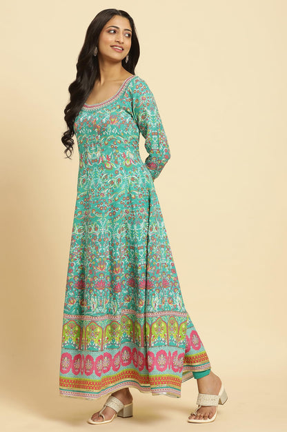 W Womens Green Floral Printed Kurta Dupatta Bottomwear with Thread Work