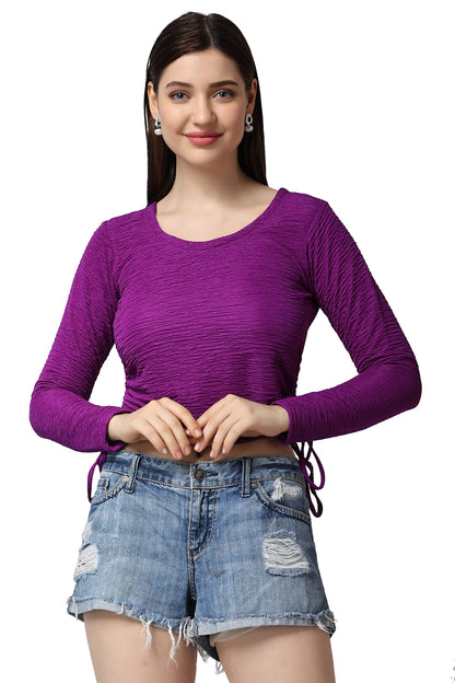 POPWINGS Casual Self Design Regular Fit Polyester Full Sleeves Crop Tops for Women with Crush String Violet