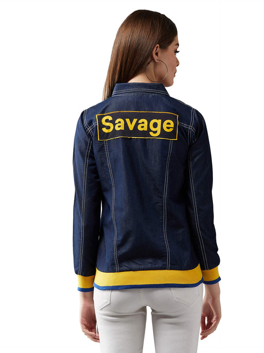Dolce Crudo Womens Navy Blue Denim Solid Bomber Jacket(DOAW19DEN05-40-71-03,Navy Blue,Small)