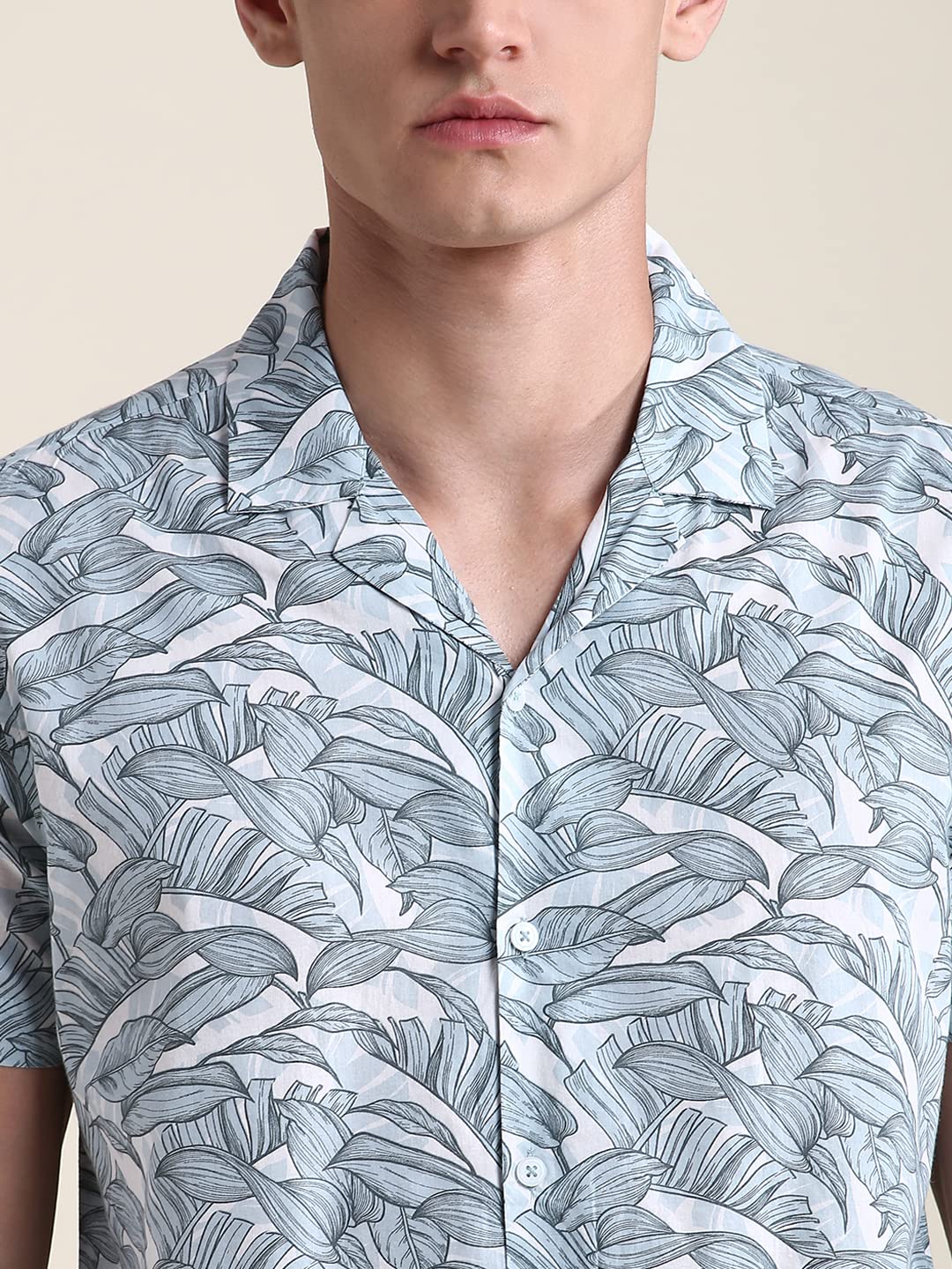 Dennis Lingo MenS White Leaf Print Slim Fit Casual Shirt