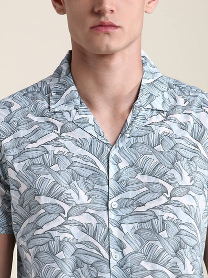 Dennis Lingo MenS White Leaf Print Slim Fit Casual Shirt