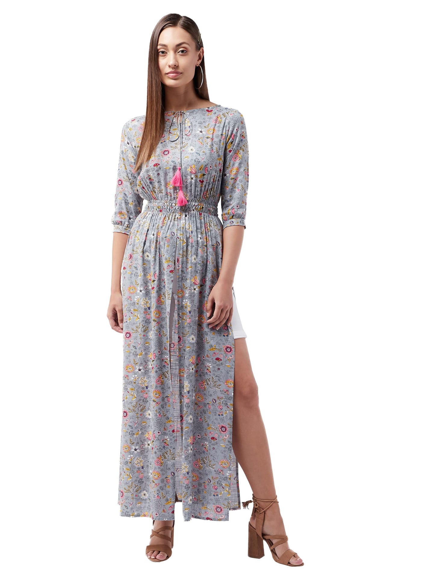 Chase Lifestyle Private Limited WomenS Round Neck 3/4Th Sleeve Floral Elasticated Maxi Top (Mcaw18Tp11-96-175-07, Multicolored-