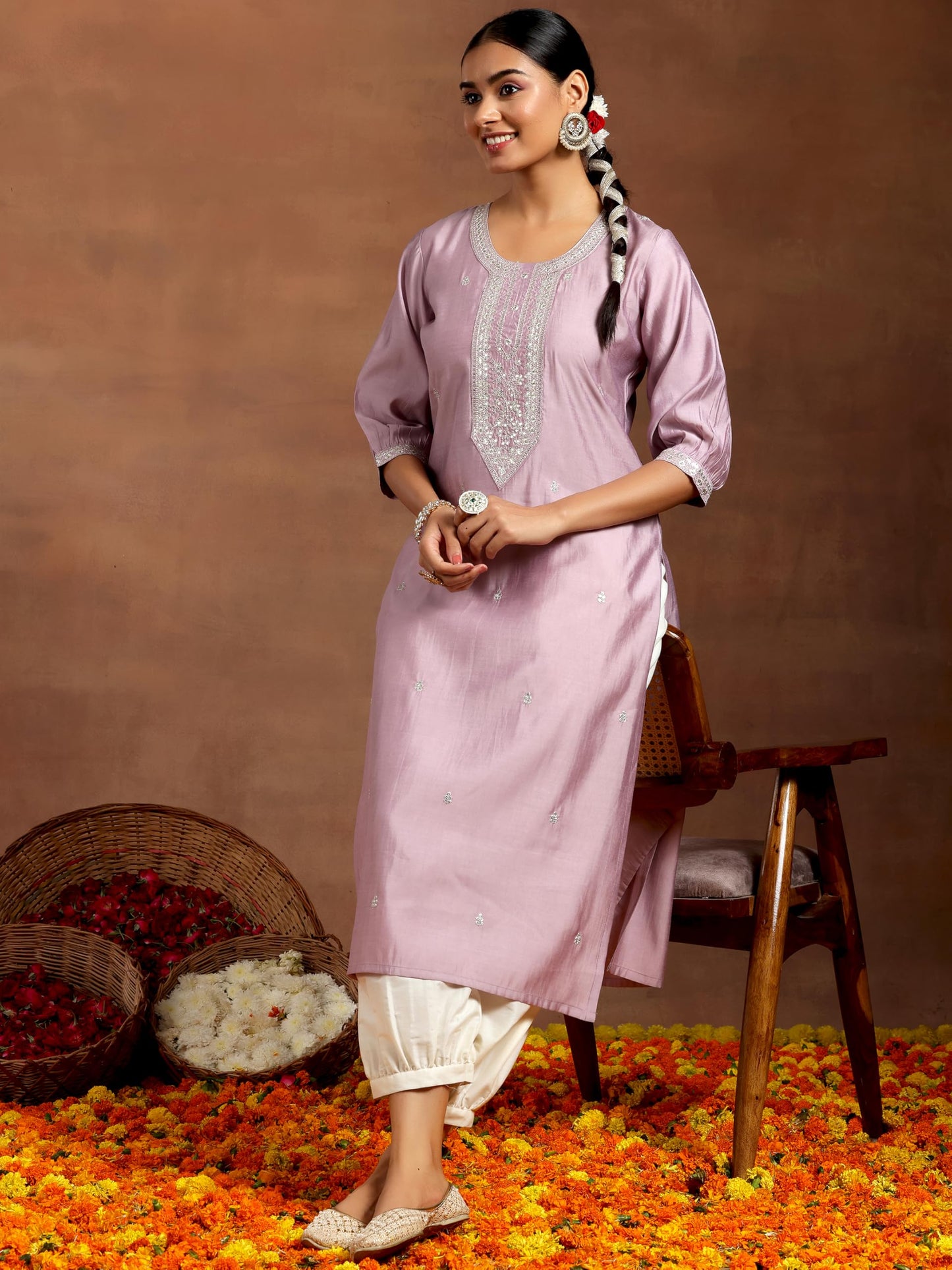 Libas WomenS Silk Straight Kurta (G2738_Purple