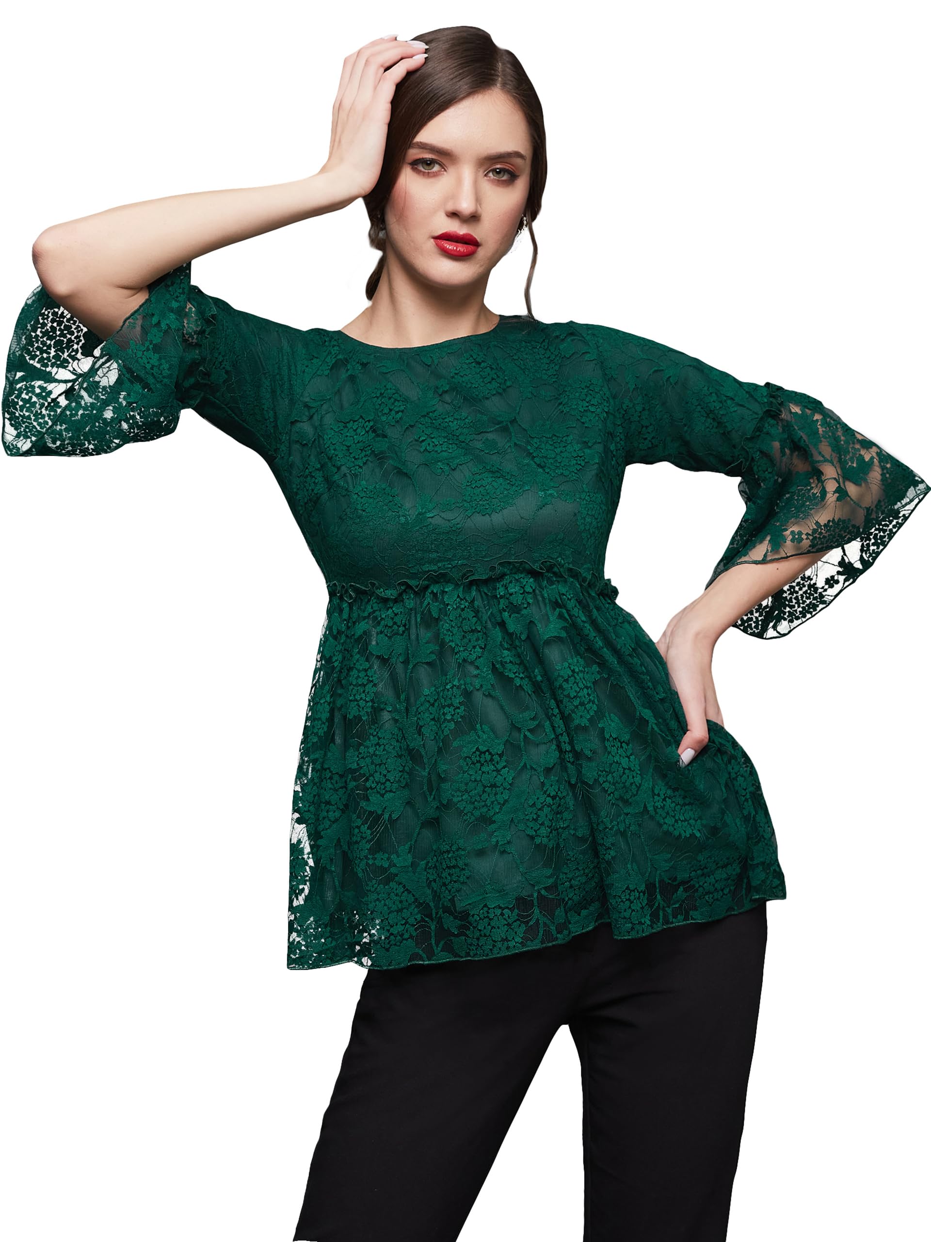 Miss Chase WomenS Relaxed Fit Regular Lace Top (Mcaw19Tp30-46-212-06, Forest Green, Xl)