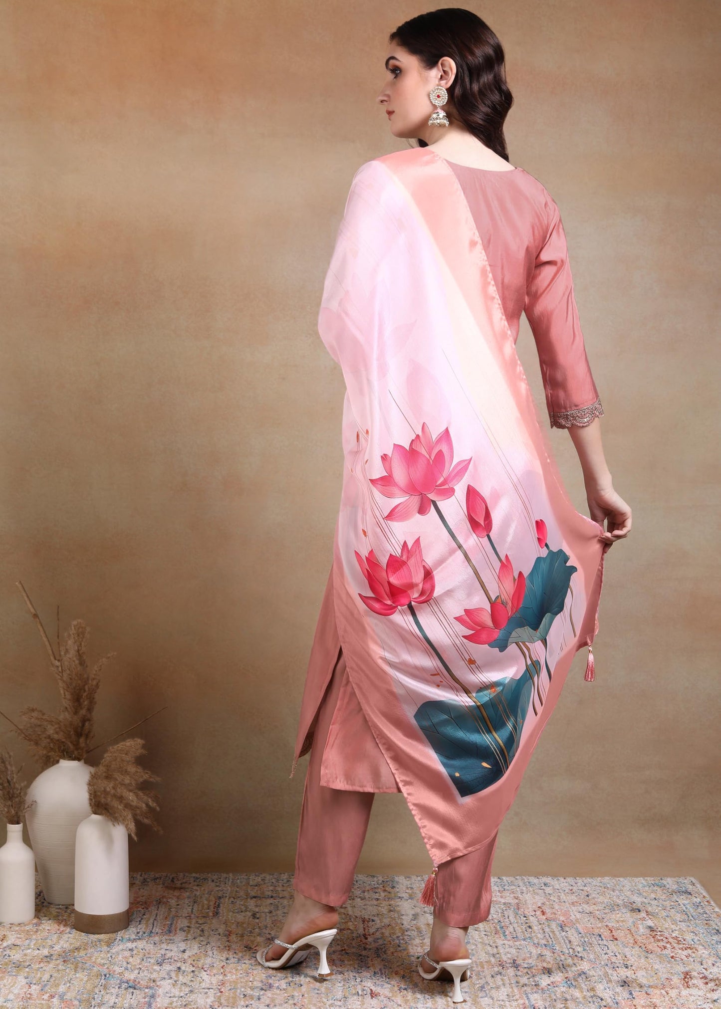 Memore WomenS Silk Embroidered Kurta Pant Set With Digital Printed Dupatta V Neck 3/4 Sleeves Straight Calf Length And Solid Bo