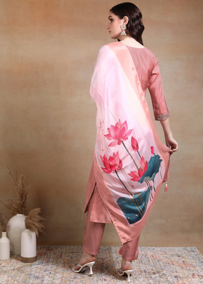 Memore WomenS Silk Embroidered Kurta Pant Set With Digital Printed Dupatta V Neck 3/4 Sleeves Straight Calf Length And Solid Bo