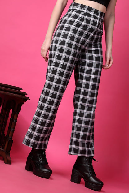 POPWINGS Casual Check Print Button and Zip Closure Trouser for Women | Western Wide-Leg Trouser for Women | Summer Trousers for