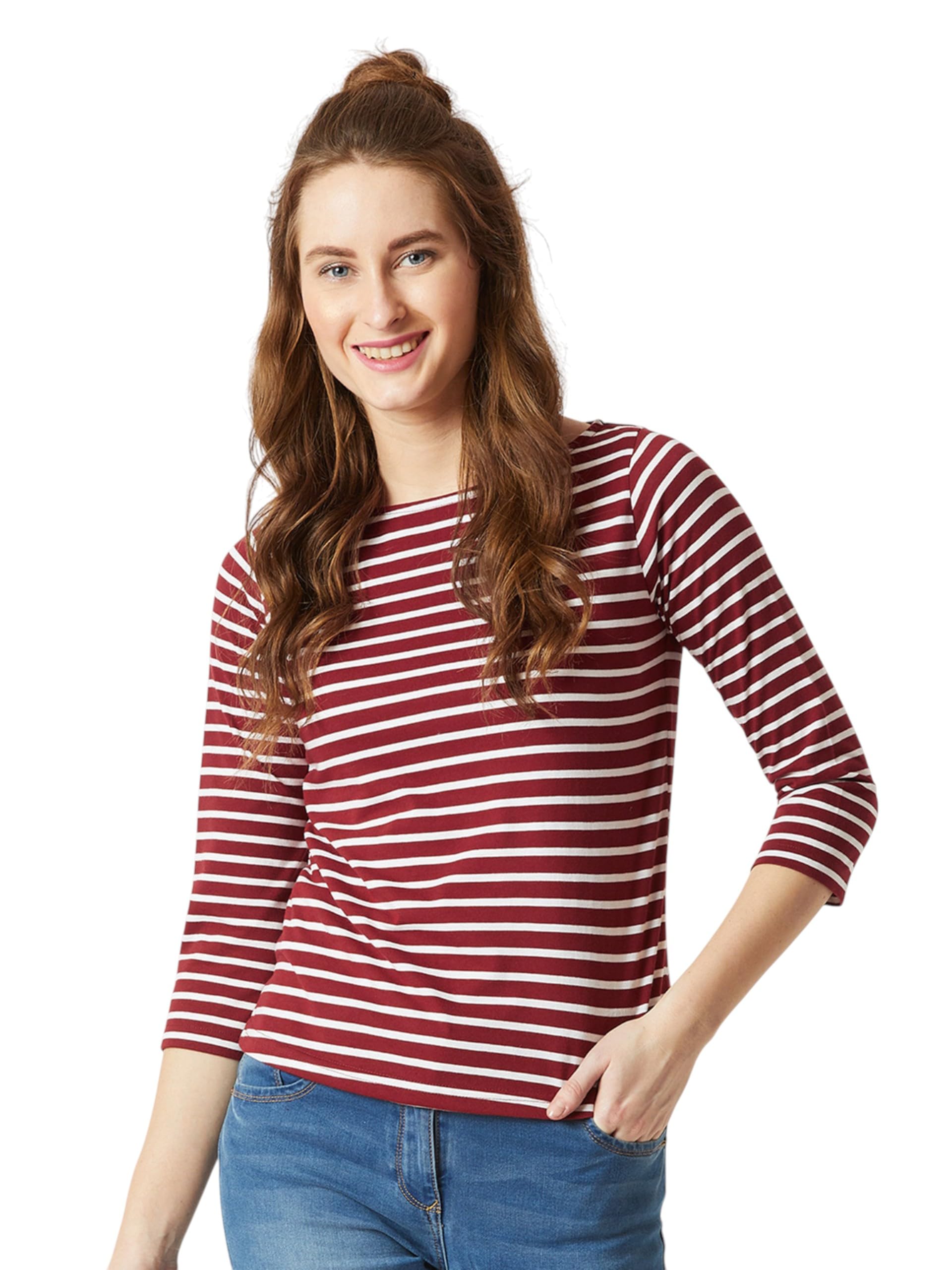 Miss Chase Womens Boat Neck 3/4 Sleeve Cotton Striped Top (MCAW25TP98-56-EFB-06, Cranberry Maroon and White, XL)