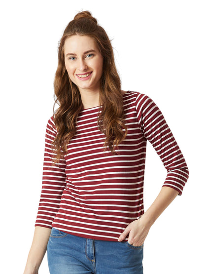 Miss Chase Womens Boat Neck 3/4 Sleeve Cotton Striped Top (MCAW25TP98-56-EFB-06, Cranberry Maroon and White, XL)