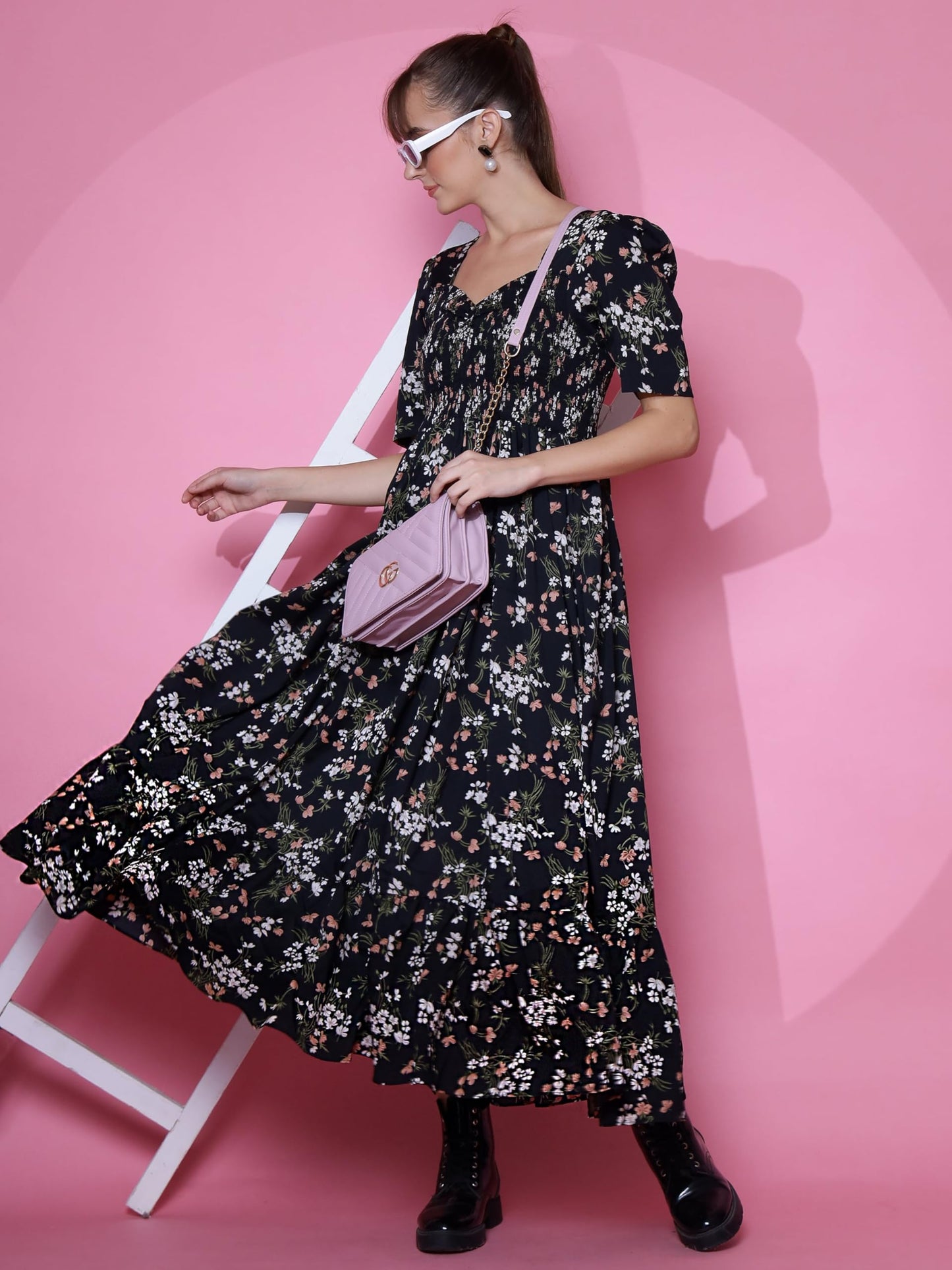 Sheetal Associates WomenS Casual Puff Sleeves Crepe Floral Print Fit And Flare Dress Black