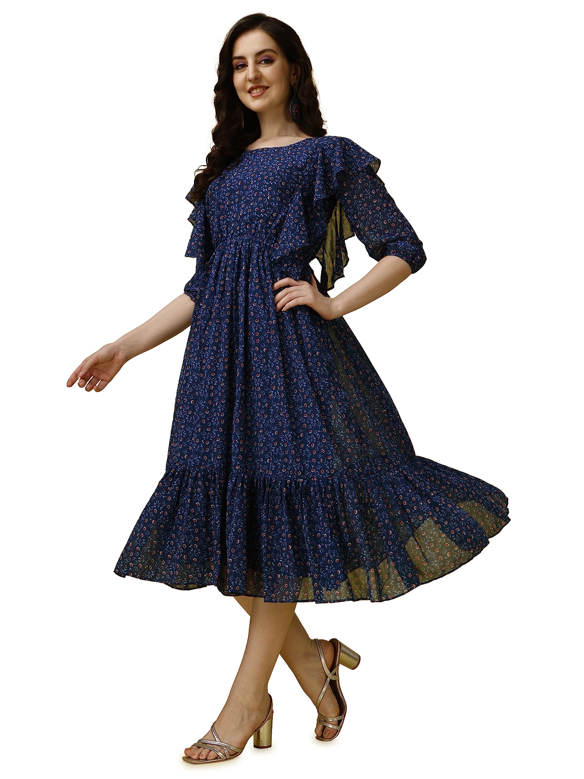 Fashion2Wear WomenS Georgette Midi Dress With Round Neck Floral Printed A Line Style Knee Length 3/4Th Puff Sleeves And Regular