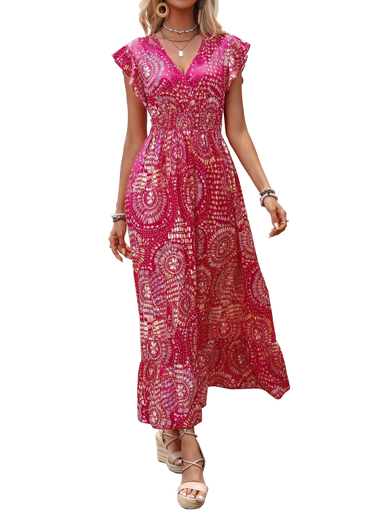 Shasmi Womens & Girls Boho Hot Pink V-Neck Printed Dress with Ruffled Hem and Belted Waist for Vacation, One Piece Maxi for Wo