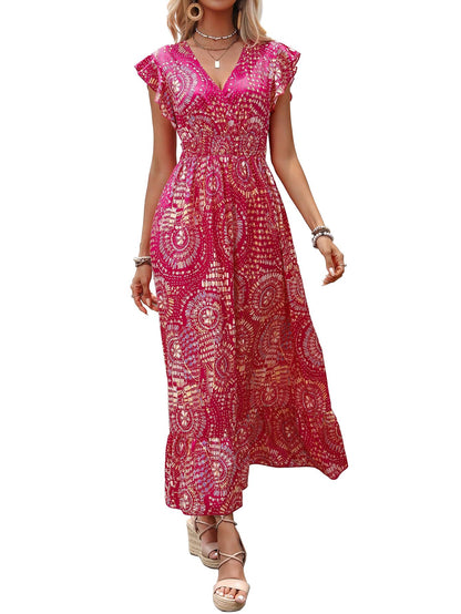 Shasmi Womens & Girls Boho Hot Pink V-Neck Printed Dress with Ruffled Hem and Belted Waist for Vacation, One Piece Maxi for Wo