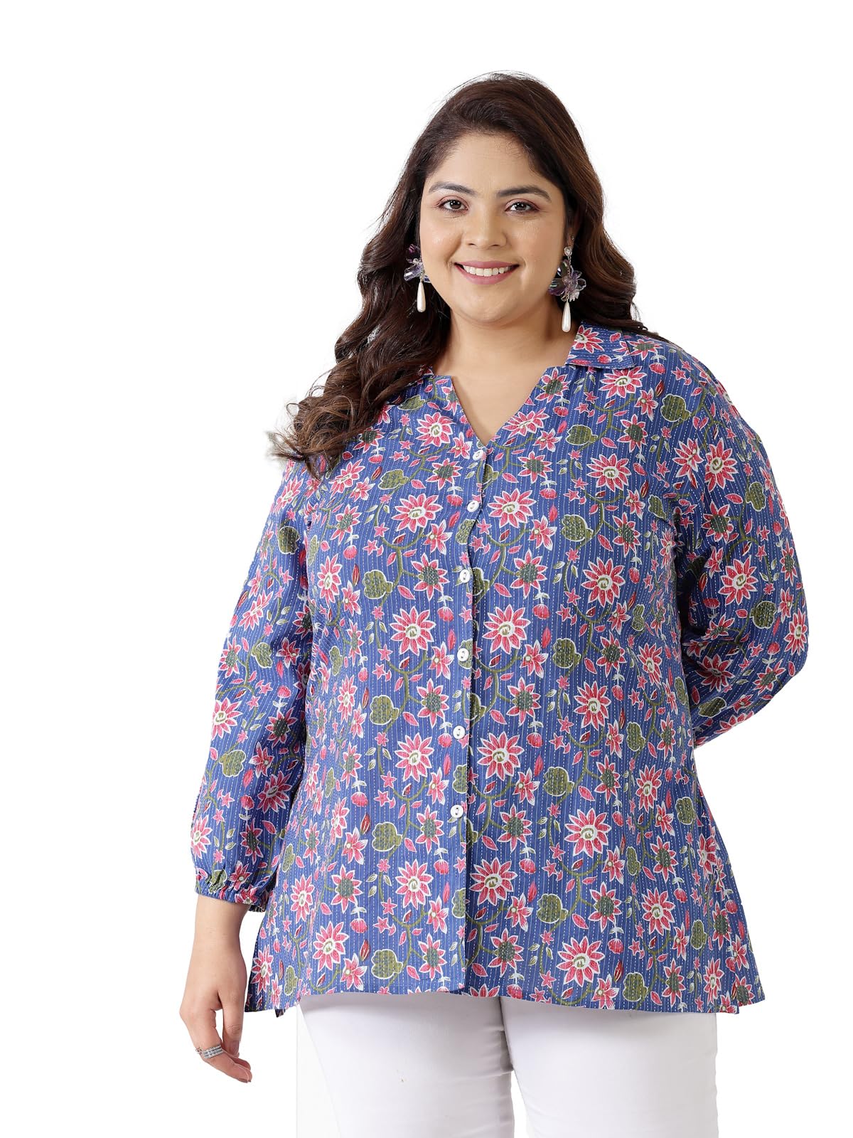 Stylum Womens Plus Size Floral Printed Cotton Shirt Style Top