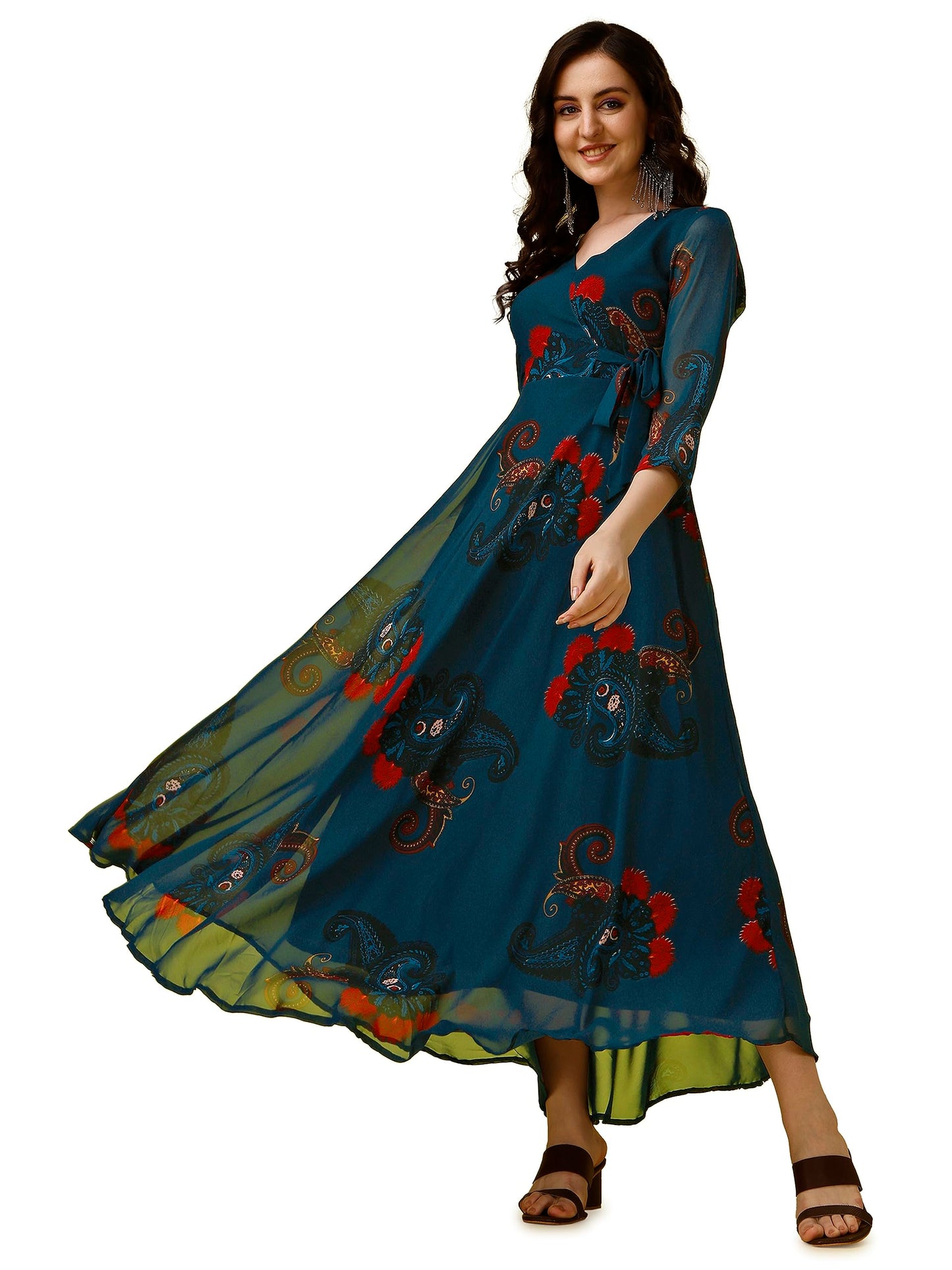 Fashion2Wear WomenS Georgette Casual Floral Digital Print V-Neck 3/4 Sleeve Knee-Length Fit & Flare Long Maxi Gown Dress For Gi