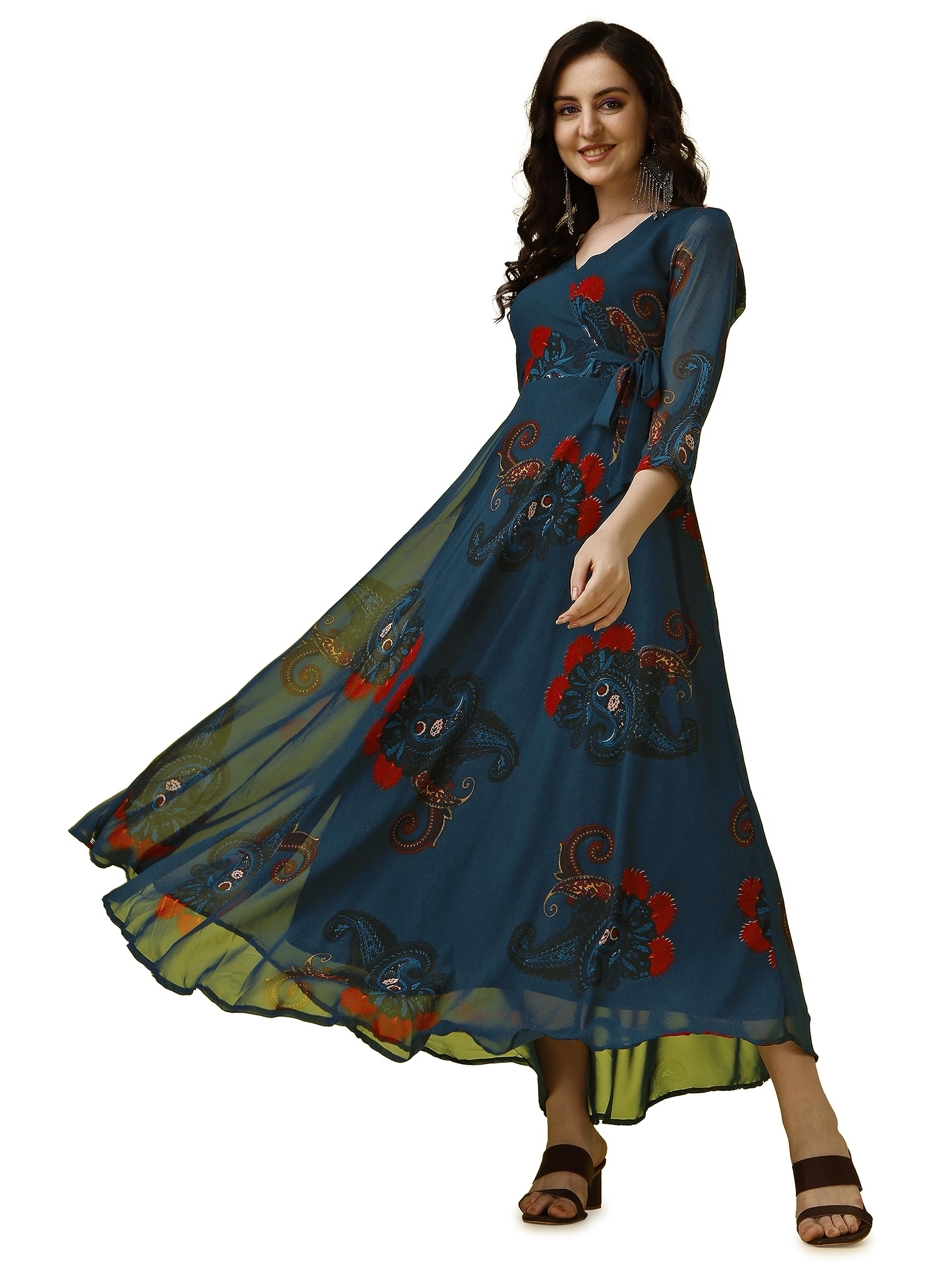 Fashion2Wear WomenS Georgette Casual Floral Digital Print V-Neck 3/4 Sleeve Knee-Length Fit & Flare Long Maxi Gown Dress For Gi